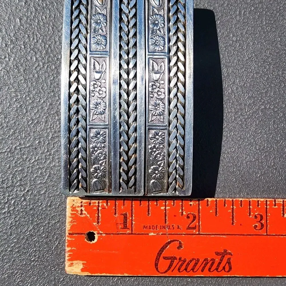 Vintage Custom Machine Shop Stainless Steel Biker Belt Buckle Floral Pattern